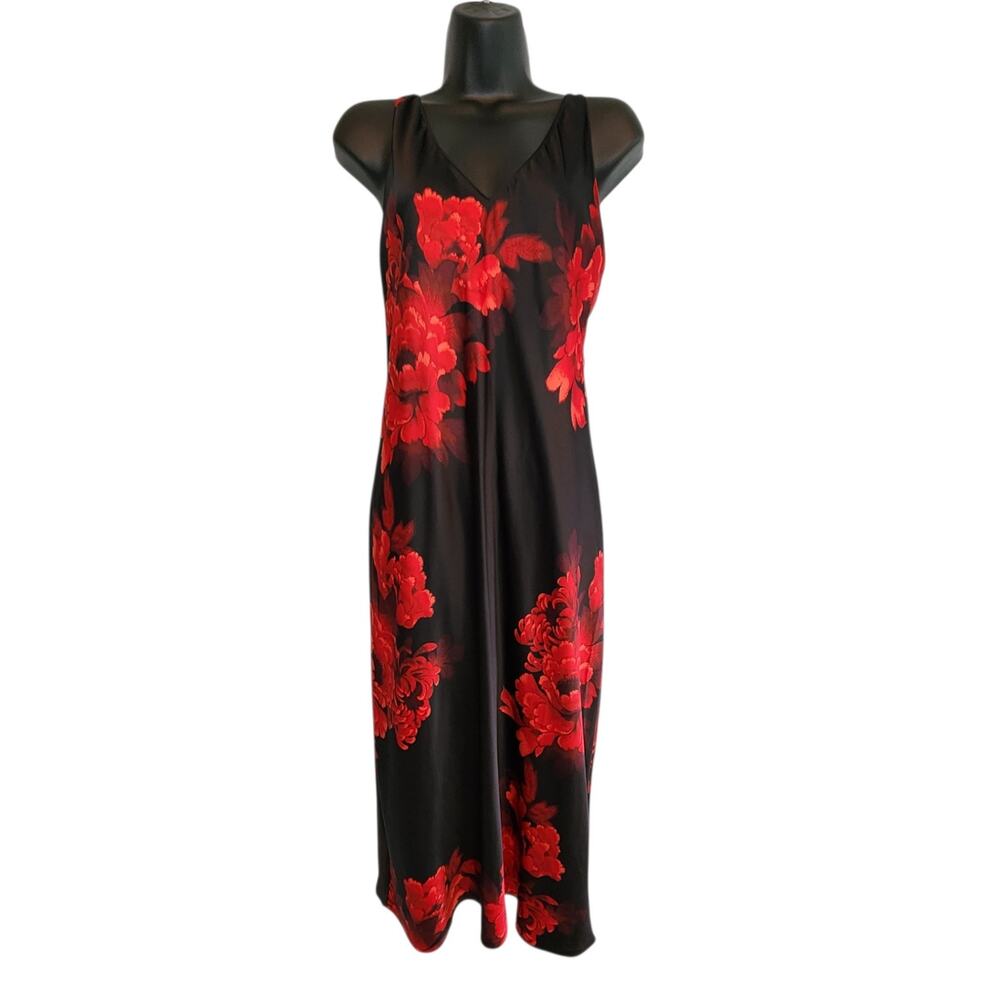 NATORI Arya satin slip dress black and red floral size M